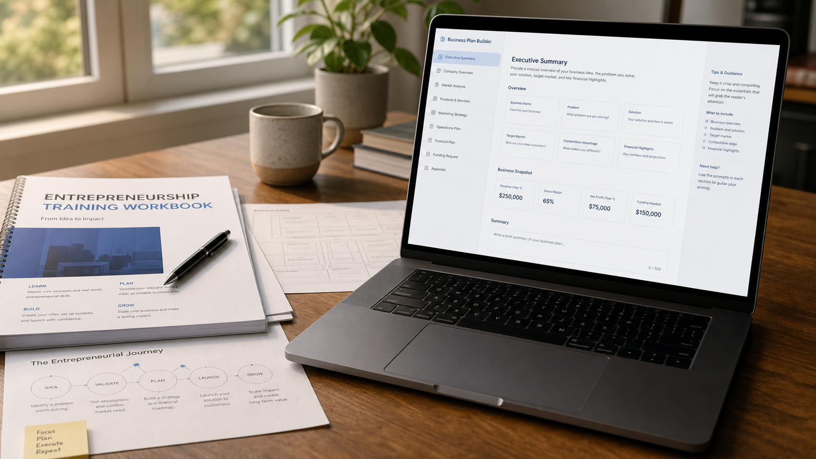 Abstract technical thumbnail showing an AI-guided business planning workflow and trainer partnership layer.